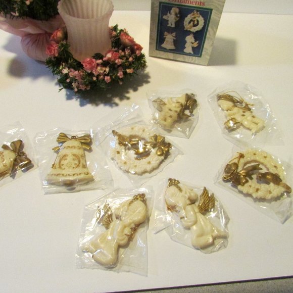 vtg Victorian Christmas ornaments with pink rose Xmas tree with 2 candle holder - Picture 3 of 9